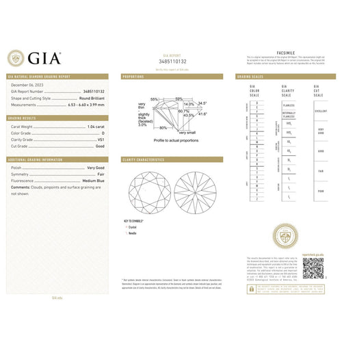 GIA - Diamant naturel taille brillant 1,04 ct D VS1 58 Facettes UKD360851LF