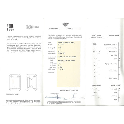 Diamant naturel - Taille émeraude 4,15 ct H VVS2 (HRD) 58 Facettes UKD360853LF