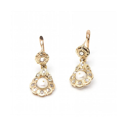 Boucles d'oreilles FLEUR - Boucles d’oreilles vers 1810 en or jaune, diamants et perles 58 Facettes UKD361020JC