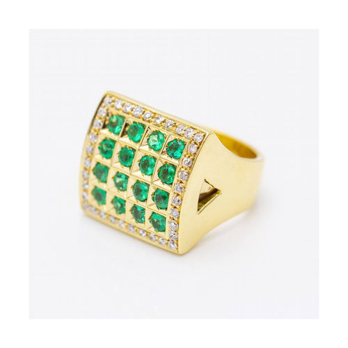 Bague Bague - Carrée en or jaune 18 kt, diamants et émeraudes 58 Facettes UKN102918EJ