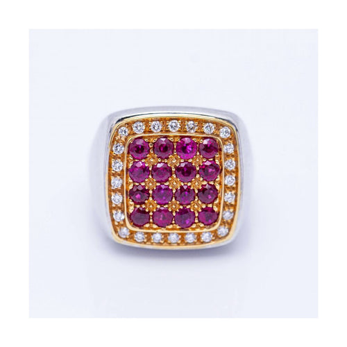 Bague Bague unisexe carrée en or jaune 18 kt avec diamants et rubis 58 Facettes UKN102920EJ