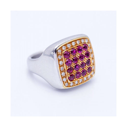 Bague Bague unisexe carrée en or jaune 18 kt avec diamants et rubis 58 Facettes UKN102920EJ
