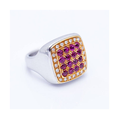 Bague Bague unisexe carrée en or jaune 18 kt avec diamants et rubis 58 Facettes UKN102920EJ