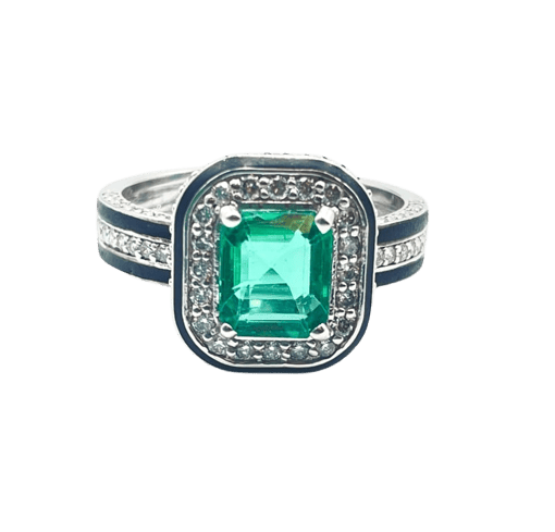 Bague 53 Art déco - Bague en or blanc, émeraude et diamants 58 Facettes BAGUE-OR-DIAMANT-EMERAUDE
