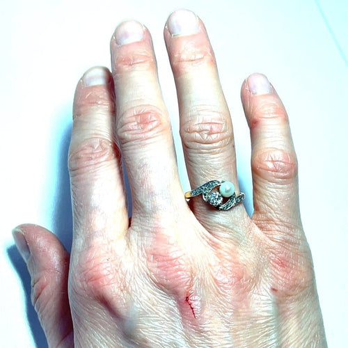 Bague 55.5 Bague Toi et Moi en or jaune et platine, diamant et perle fine 58 Facettes 006