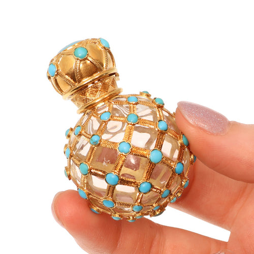 Flacon de parfum victorien français en or orné d'un treillis turquoise, vers 1860 58 Facettes 26050-0271