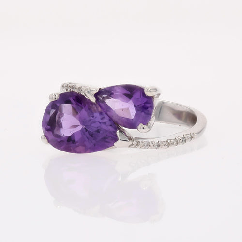 Bague 56 Bague Toi et Moi améthystes poire et diamants en or blanc 18 carats 58 Facettes DV2434-56