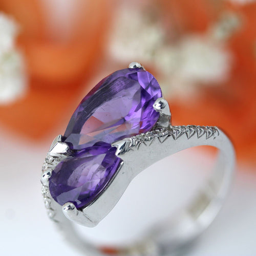 Bague 56 Bague Toi et Moi améthystes poire et diamants en or blanc 18 carats 58 Facettes DV2434-56