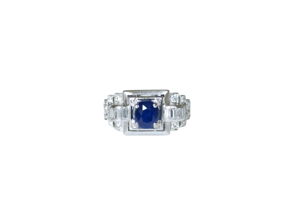 Bague 57 Bague Art déco saphir 1,14 ct et diamants en platine 58 Facettes