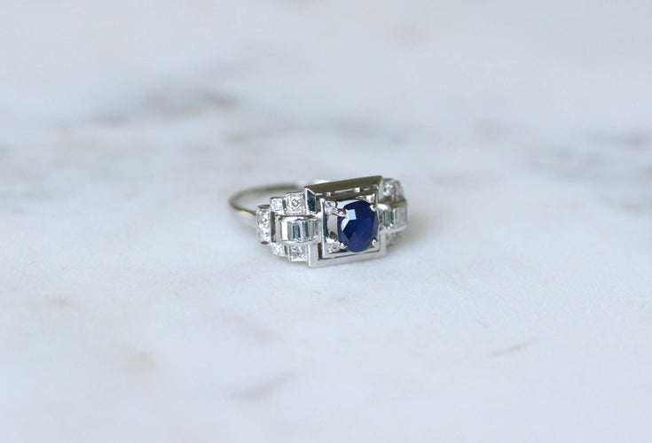 Bague 57 Bague Art déco saphir 1,14 ct et diamants en platine 58 Facettes