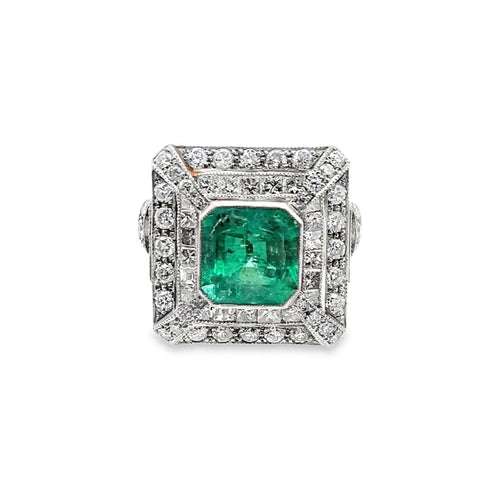 Bague 54 Art déco - Bague en or blanc 18k avec émeraude et diamants 58 Facettes 50428
