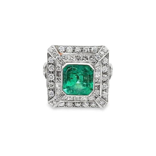 Bague 54 Art déco - Bague en or blanc 18k avec émeraude et diamants 58 Facettes 50428