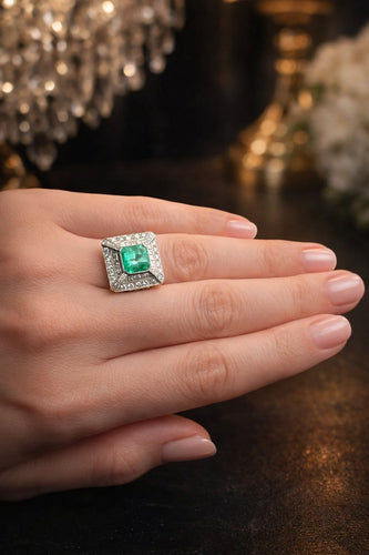 Bague 54 Art déco - Bague en or blanc 18k avec émeraude et diamants 58 Facettes 50428