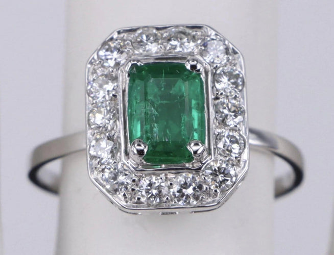 Bague 53 Bague vintage colombienne en or blanc, émeraude et diamant 58 Facettes BA-155