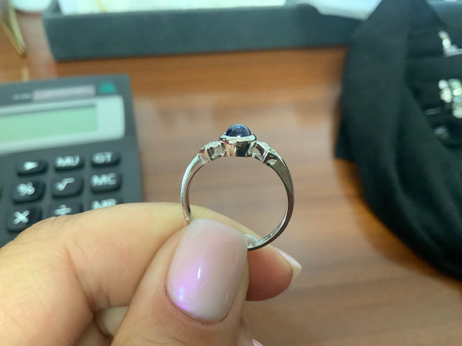 Bague 55.5 Cabochon Saphir Bleu et Diamants Or blanc 58 Facettes BA-75
