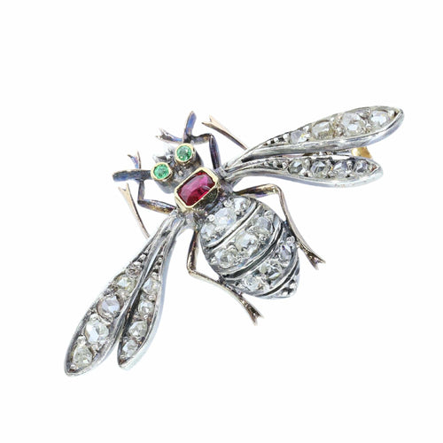 Broche Broche abeille en diamant de la fin de l'époque victorienne, thorax en rubis et yeux en émeraude 58 Facettes 26050-0264