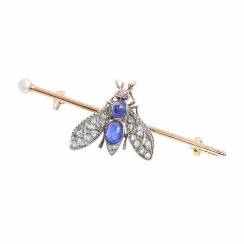 Broche Broche mouche victorienne française, vers 1900, ornée de diamants, saphirs, rubis et perle. 58 Facettes 26050-0267