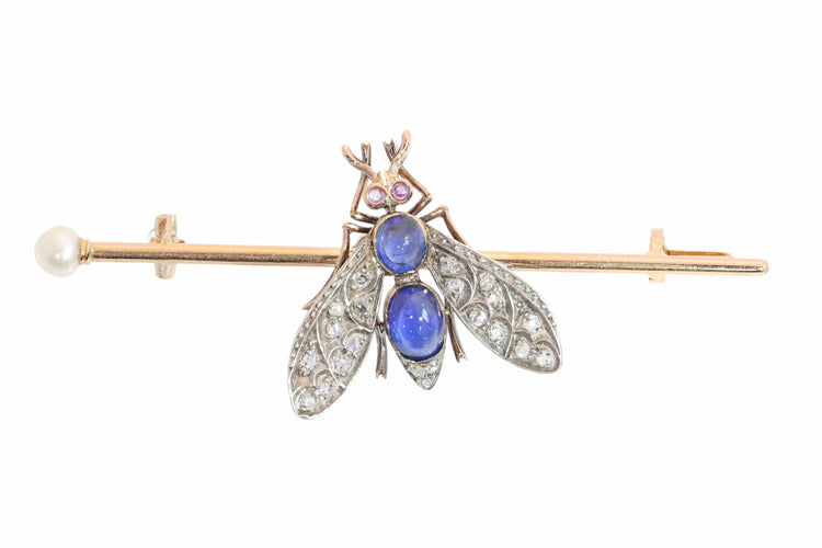 Broche Broche mouche victorienne française, vers 1900, ornée de diamants, saphirs, rubis et perle. 58 Facettes 26050-0267
