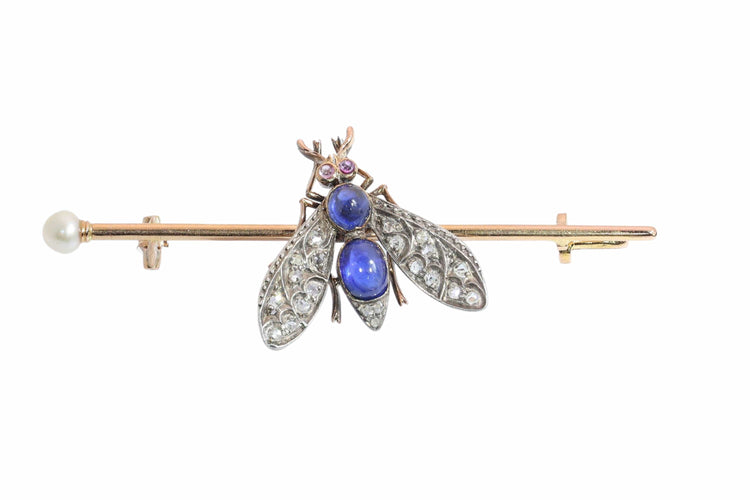 Broche Broche mouche victorienne française, vers 1900, ornée de diamants, saphirs, rubis et perle. 58 Facettes 26050-0267
