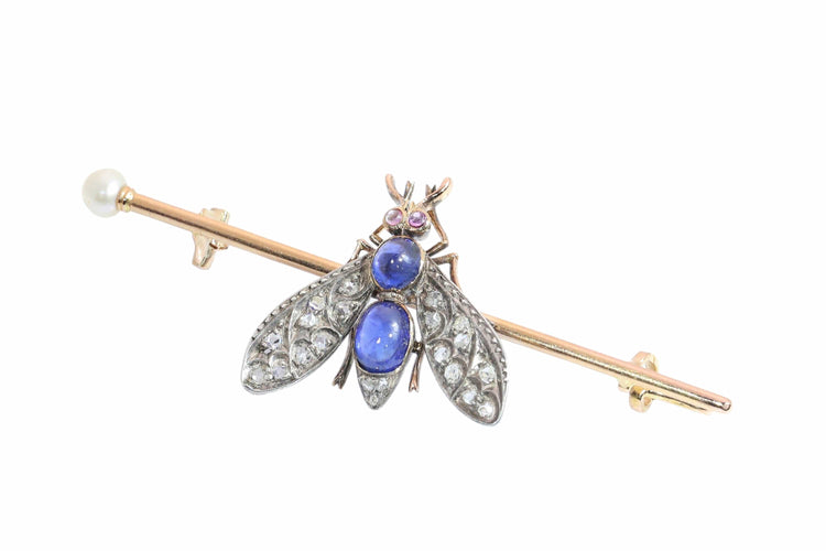 Broche Broche mouche victorienne française, vers 1900, ornée de diamants, saphirs, rubis et perle. 58 Facettes 26050-0267