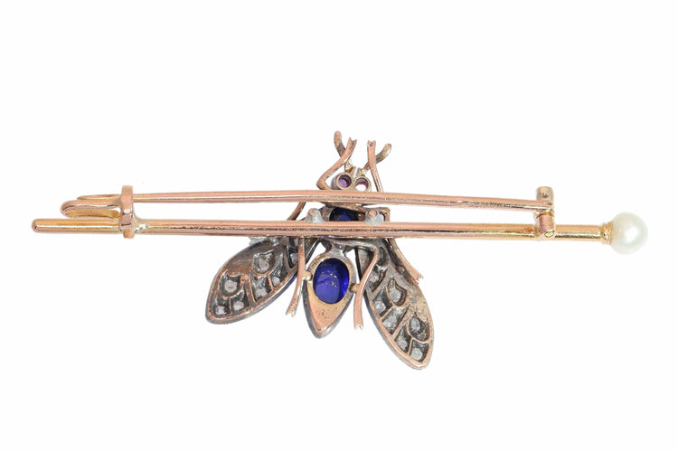 Broche Broche mouche victorienne française, vers 1900, ornée de diamants, saphirs, rubis et perle. 58 Facettes 26050-0267