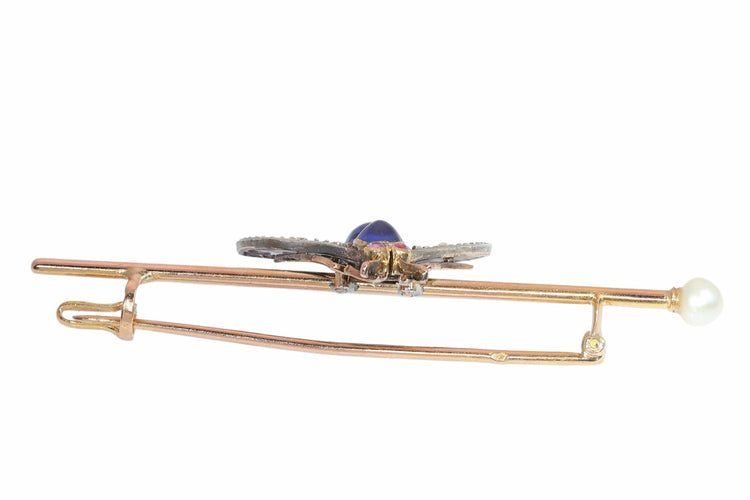Broche Broche mouche victorienne française, vers 1900, ornée de diamants, saphirs, rubis et perle. 58 Facettes 26050-0267