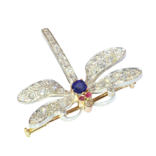 Broche Broche libellule de la fin de l'époque victorienne, ailes serties de diamants et corps en saphir, vers 1900 58 Facettes 26050-0268