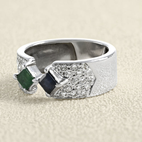 Bague 52 Bague bandeau en or gris 18 carats, émeraude, saphir et diamants 58 Facettes OC-61E00504