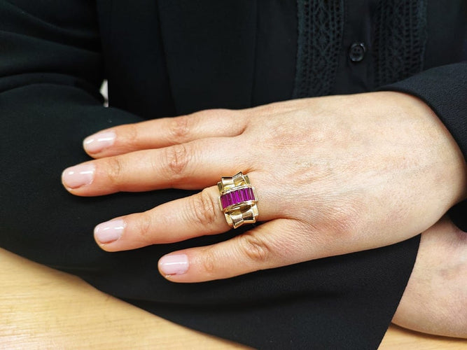 Bague 56 Bague tank en or rose 18k sertie de rubis baguette 58 Facettes BAG TANK Rub.Baguet-DV