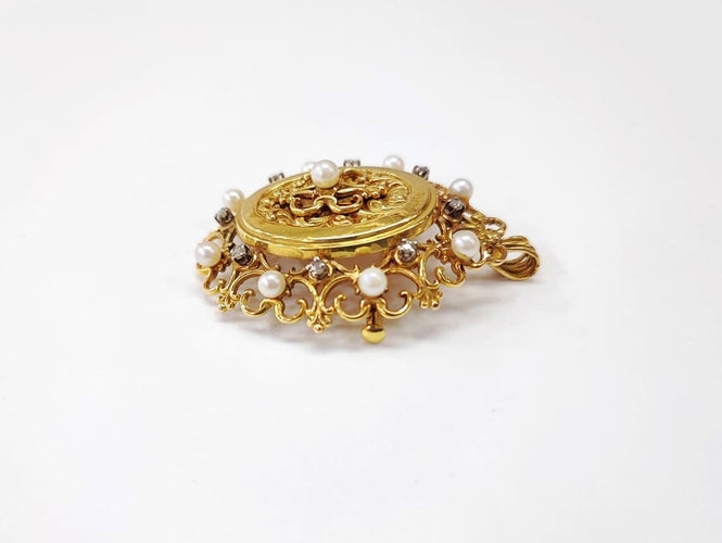 Pendentif Médaillon - Pendentif broche en or jaune 18K, perles et diamants 58 Facettes Pend;Med.Brch-2008.4
