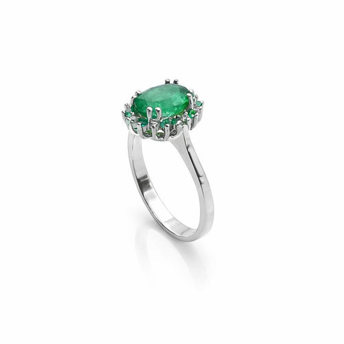 Bague 54 Bague marguerite en or blanc 18 carats, émeraudes et diamants 58 Facettes Bague marguerite en or émeraudes et diamants