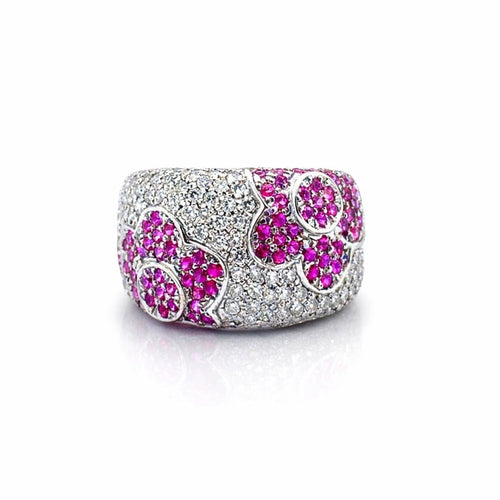 Bague 57 Bague florale en or blanc 750 avec diamants et rubis 58 Facettes 50166