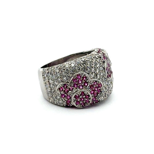 Bague 57 Bague florale en or blanc 750 avec diamants et rubis 58 Facettes 50166