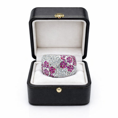 Bague 57 Bague florale en or blanc 750 avec diamants et rubis 58 Facettes 50166