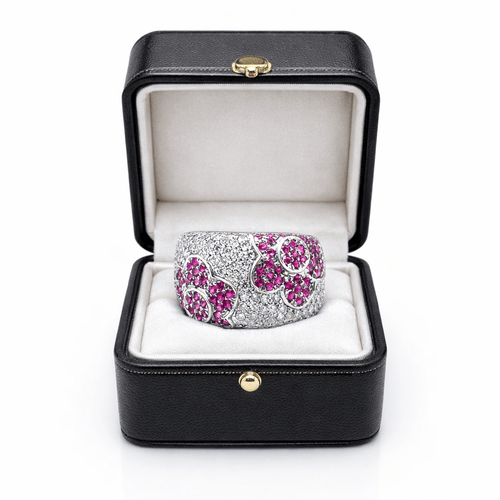 Bague 57 Bague florale en or blanc 750 avec diamants et rubis 58 Facettes 50166