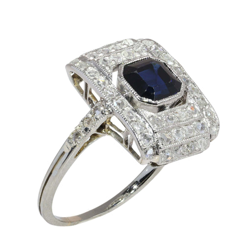 Bague 54 Bague Art déco en platine avec saphir et 50 diamants taille rose 58 Facettes 26022-0153