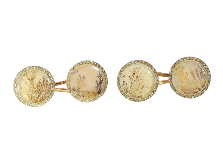 Boutons de manchette Boutons de manchette français victoriens ornés de paysages en agate mousse et de diamants taille rose 58 Facettes 26058-0095