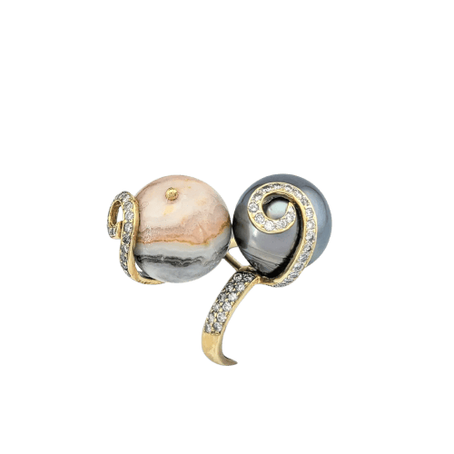 Bague 55 Bague cocktail en or jaune 18 carats avec agate et perle de Tahiti 58 Facettes 32034