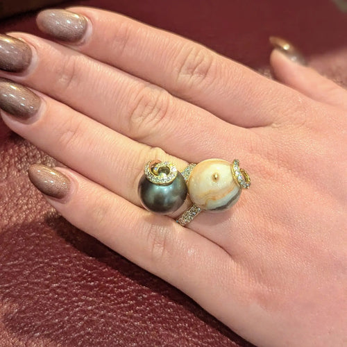 Bague 55 Bague cocktail en or jaune 18 carats avec agate et perle de Tahiti 58 Facettes 32034