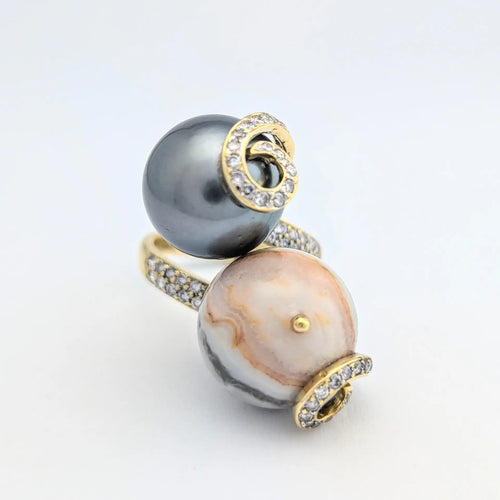 Bague 55 Bague cocktail en or jaune 18 carats avec agate et perle de Tahiti 58 Facettes 32034