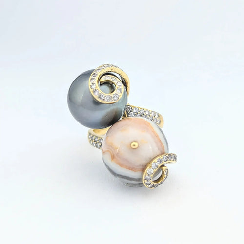 Bague 55 Bague cocktail en or jaune 18 carats avec agate et perle de Tahiti 58 Facettes 32034