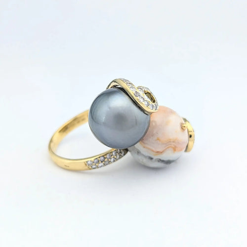 Bague 55 Bague cocktail en or jaune 18 carats avec agate et perle de Tahiti 58 Facettes 32034