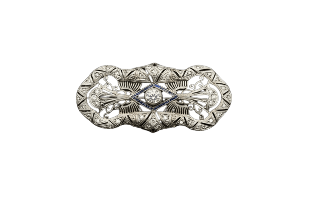 Broche Spilla « Qualcosa di Blu » Art déco en platine, diamants et saphirs 58 Facettes spilla zaffiri