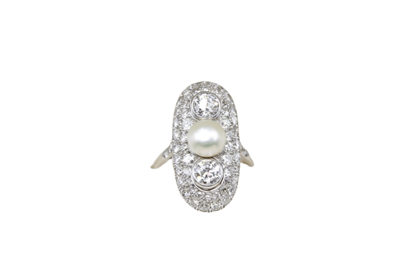 Bague 54 Bague marquise en platine avec perle fine et diamants 58 Facettes 250452