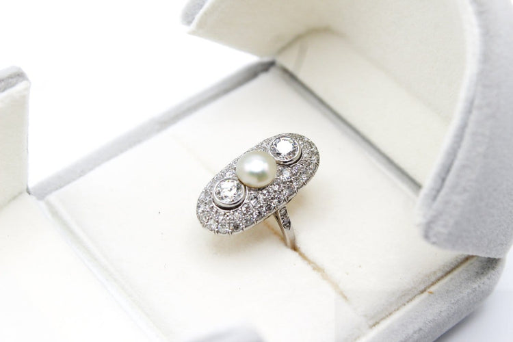 Bague 54 Bague marquise en platine avec perle fine et diamants 58 Facettes 250452