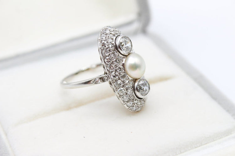 Bague 54 Bague marquise en platine avec perle fine et diamants 58 Facettes 250452