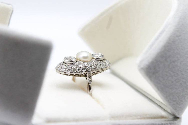 Bague 54 Bague marquise en platine avec perle fine et diamants 58 Facettes 250452