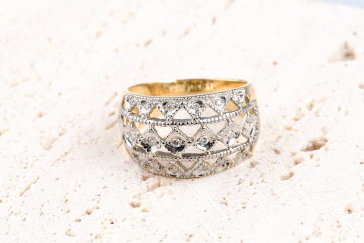 Bague 56 Bague ajourée en or jaune et blanc 18K sertie de diamants 58 Facettes BGDIAM5489-107