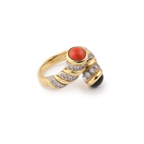 Bague 54 Kutchinsky - Bague Toi & Moi en or jaune 18 carats, corail, onyx et diamants 58 Facettes BS172