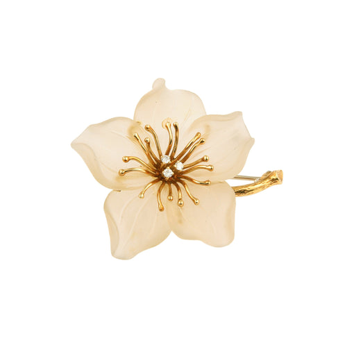 Broche Broche lys vintage en or jaune 18 carats, cristal de roche et diamants 58 Facettes BRO38